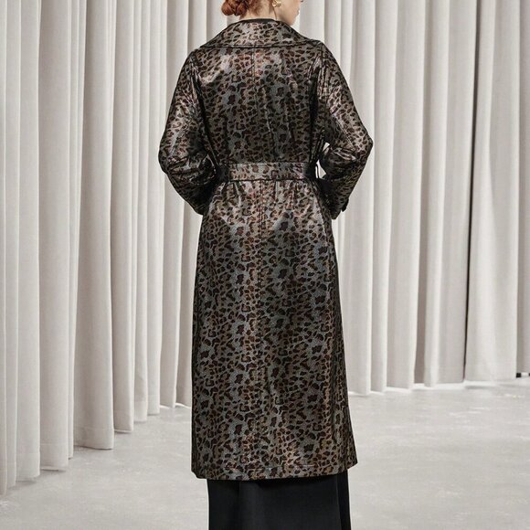 Multicolor Elegant Women's Leopard Print Faux Leather Trench coat / Jacket - Picture 4 of 8